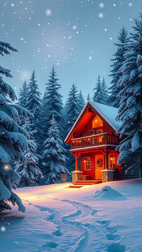 Festive Christmas Background for Mac A cozy cabin in a snowy landscape with Christmas lights and falling snowflakes, perfect for a Mac background.